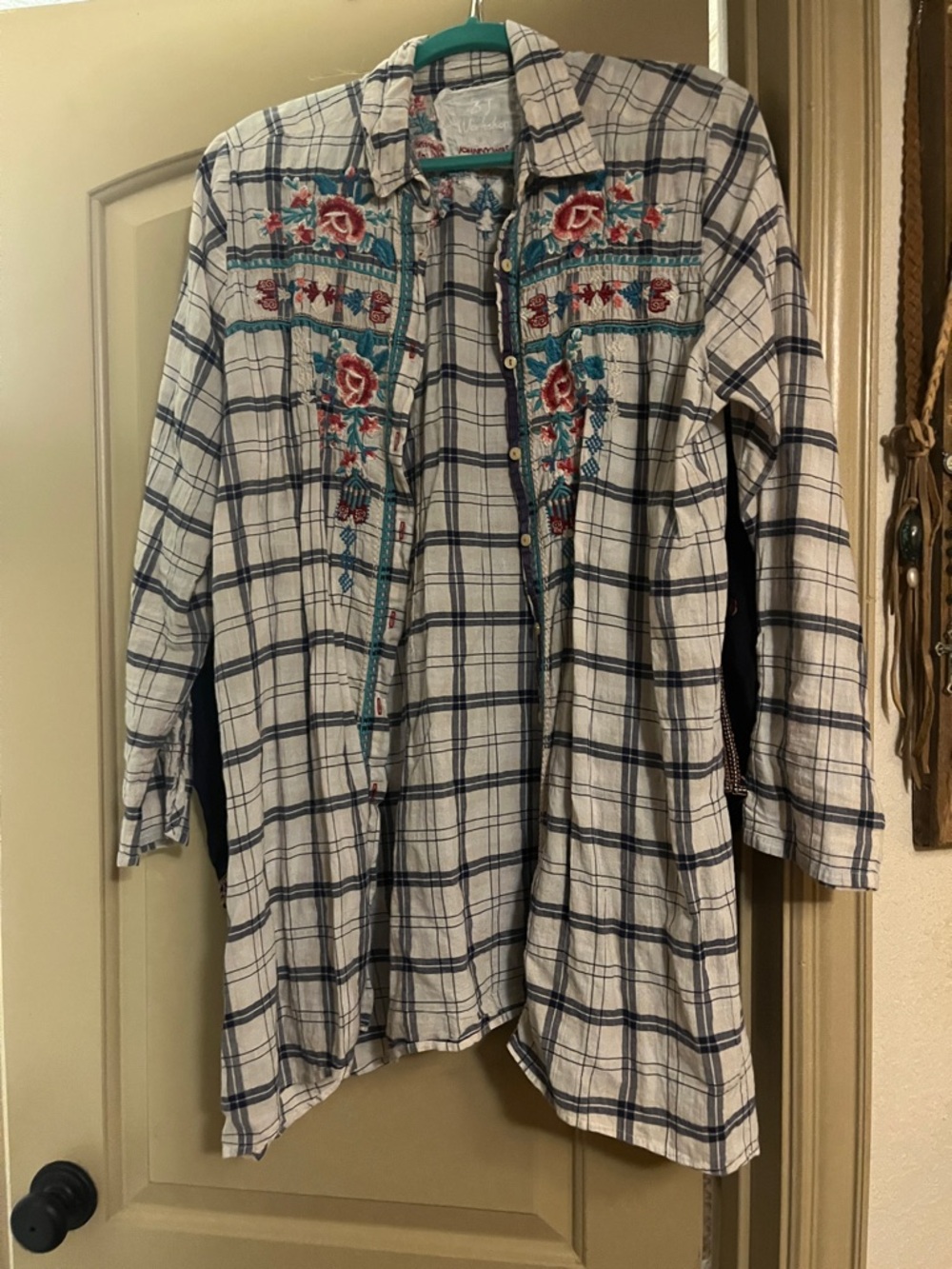 Johnny Was White & Navy Plaid Tunic with Teal and Red Embroidery
